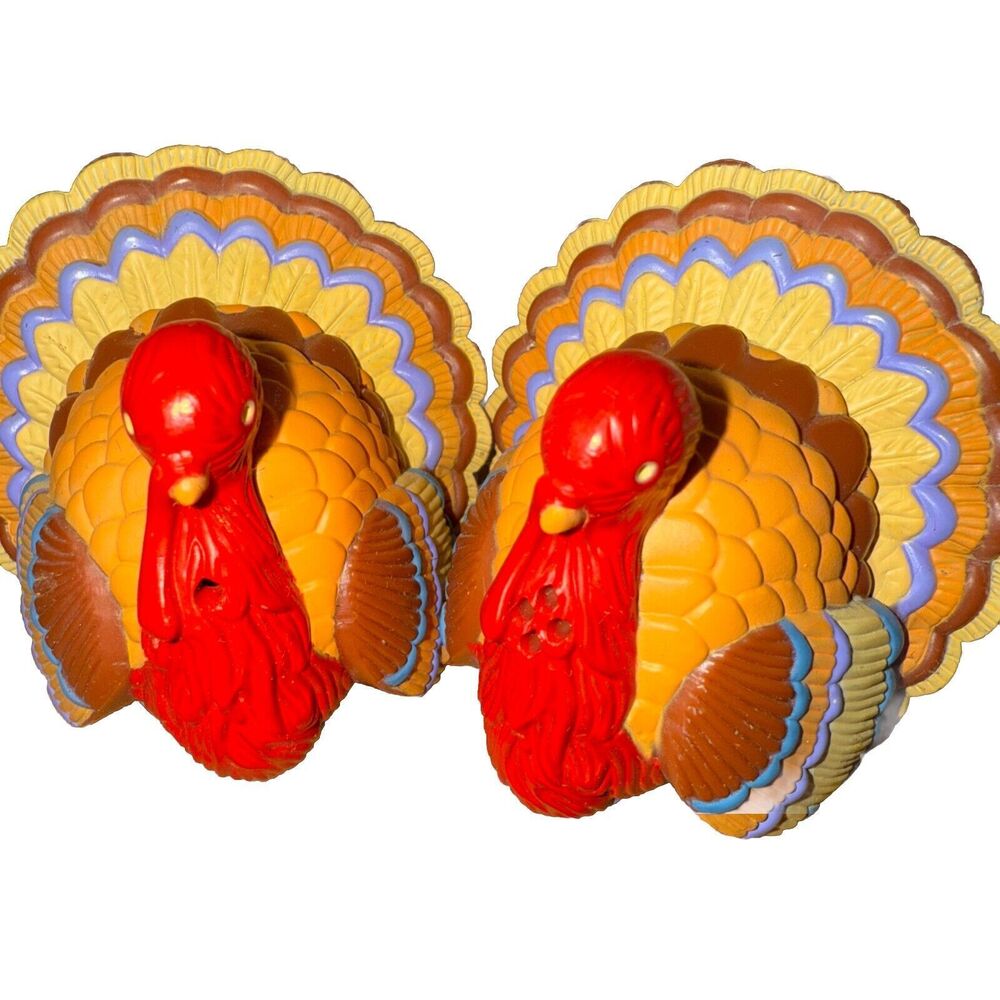 Vintage Hallmark Thanksgiving Colorful Turkey Salt Pepper Shakers Plastic Lot 2